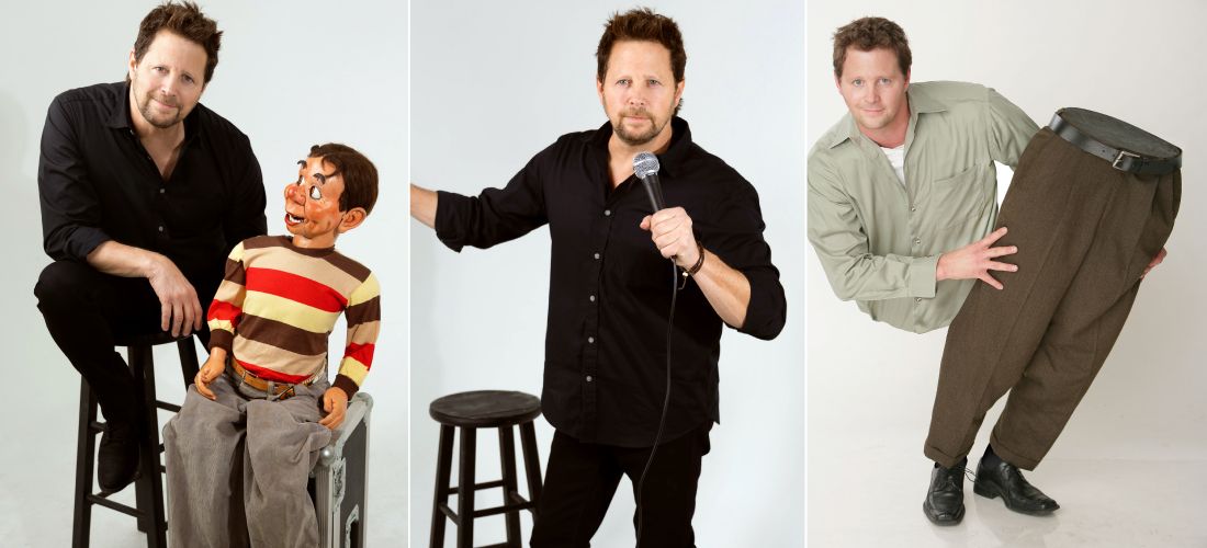 Three panel collage of comedian Andy Gross with a ventriloquist dummy, holding a microphone, and split in half.