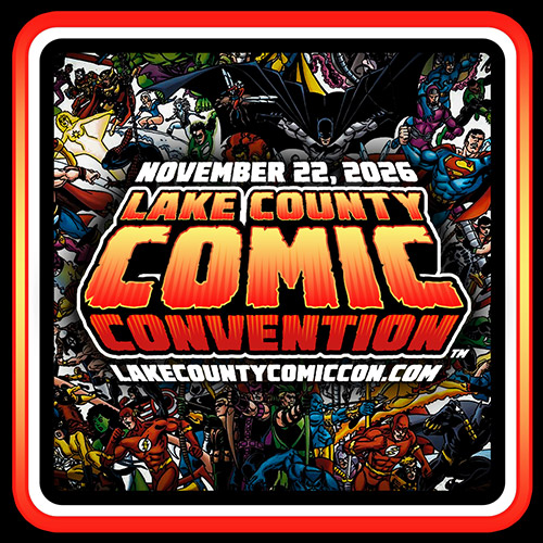 Lake County Comic Convention poster featuring a bird superhero standing in front of a lake and bridge under a bright sun.