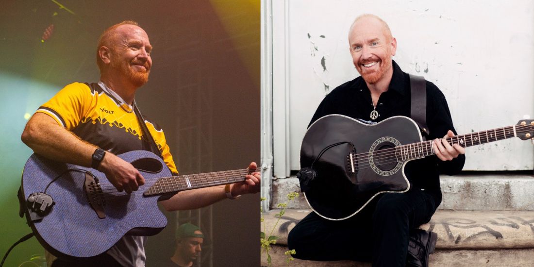 Side-by-side split image showing Mike Massé performing on stage and posing outdoors with his acoustic guitar.