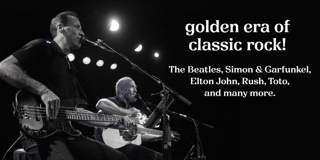 Concert graphic featuring Mike Massé and Sterling Cottam performing live, listing bands they cover like Toto, Boston, and Rush.