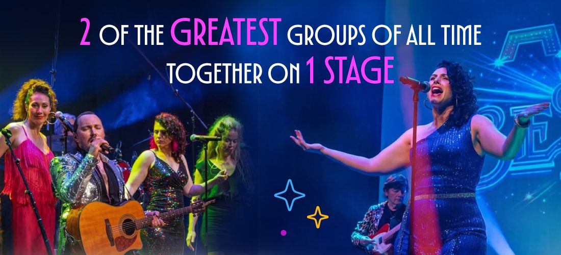 Close-up of vocalists and musicians performing together on stage under neon-style event text.