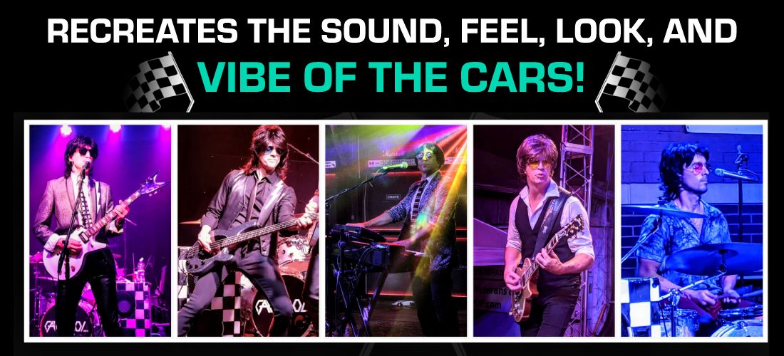 Five side-by-side performance photos of Carpool tribute band members on stage under vibrant concert lighting, with overhead text reading "Recreates the sound, feel, look, and vibe of The Cars!" between two checkered racing flags.