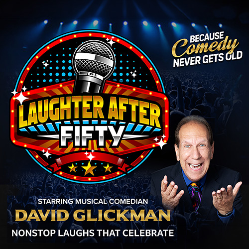 Laughter After Fifty" logo featuring a microphone, marquee lights, and stars on a concert background.
