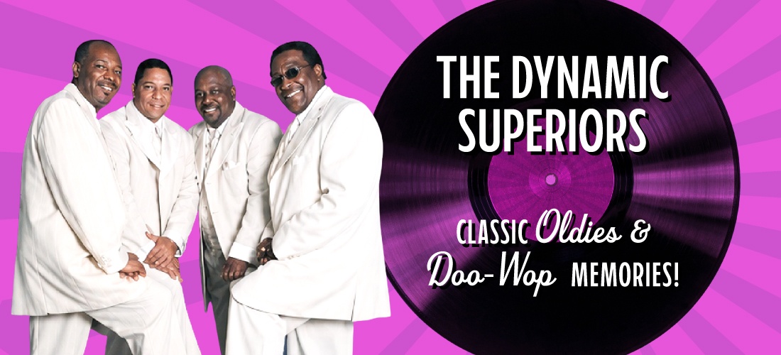 banner for The Drifters Reload, showing five group members dressed in all-white outfits and hats next to a large gold vinyl record graphic that reads "Relive Music & Magic of Classic Doo-Wop!