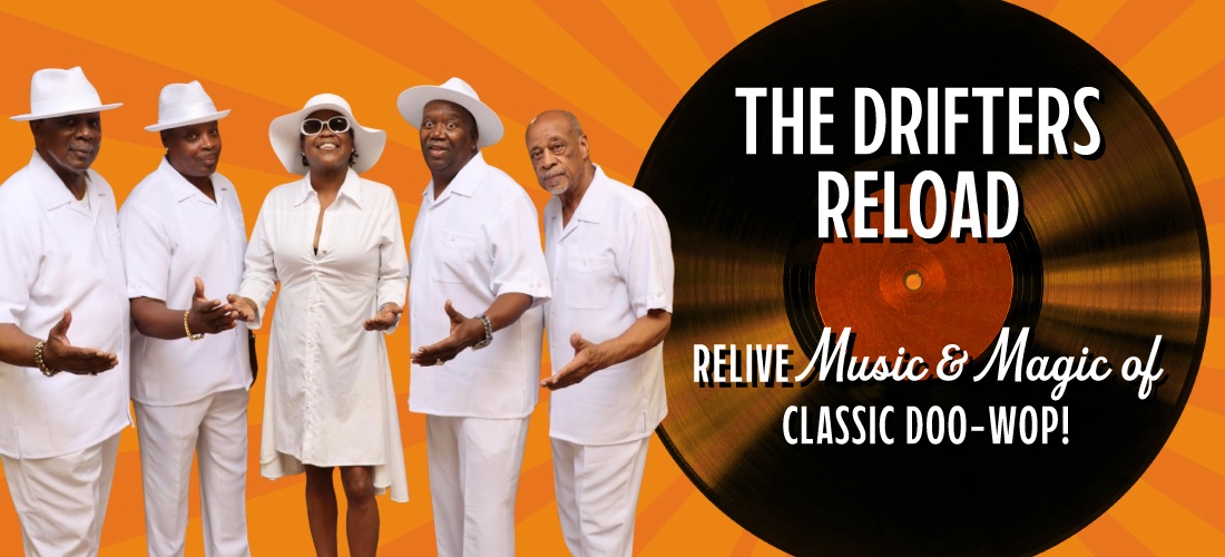 banner for R&B group The Dynamic Superiors, showing four members in matching white suits next to a large purple vinyl record graphic that reads "Classic Oldies & Doo-Wop Memories!